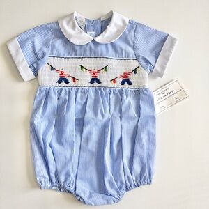 VTG VIVE LA FÊTE Signal Corps Smocked Romper Blue White Stripe NEW 12 Months